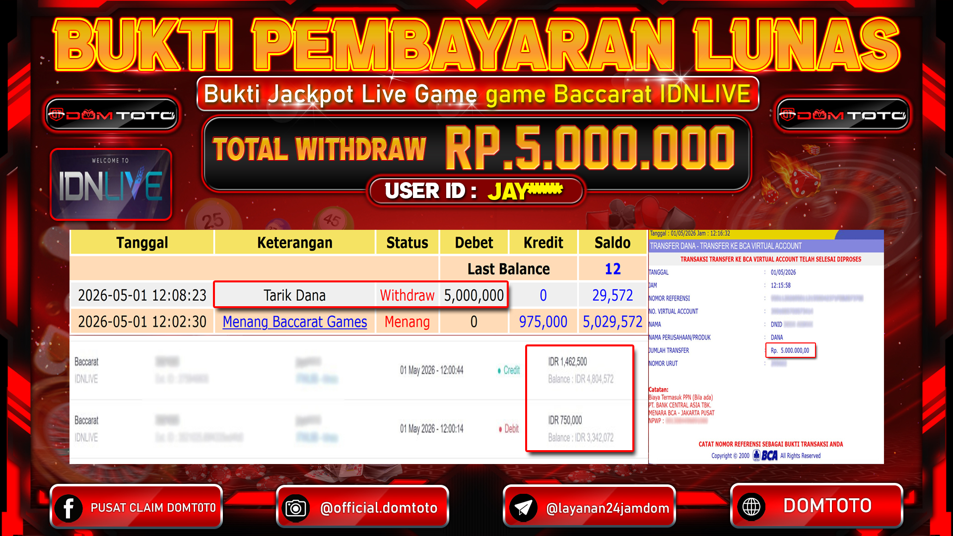 JACKPOT SLOT menang game Baccarat IDNLIVE 01 MAY APRIL 2026